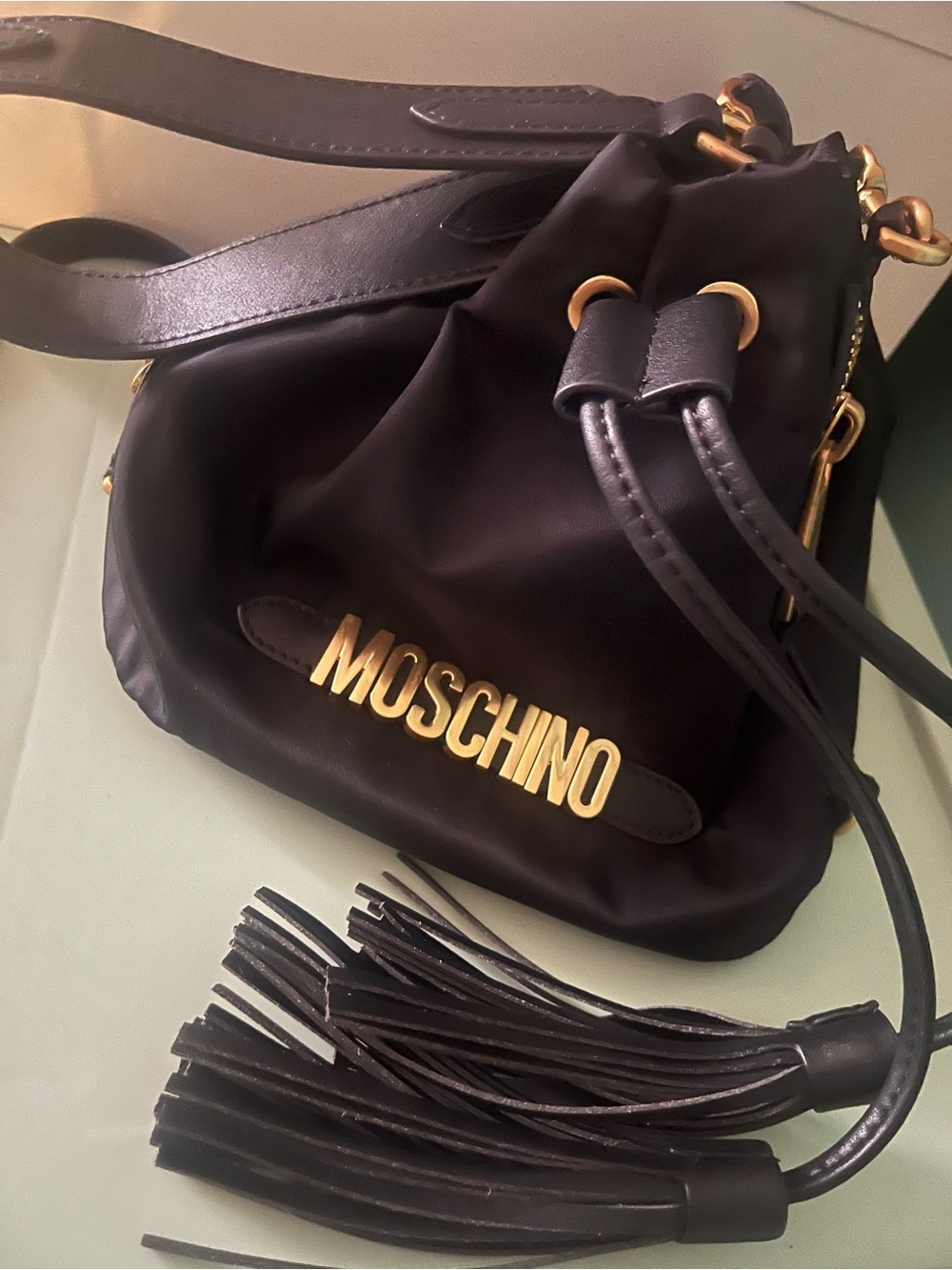 Moschino Black Bucket Shoulder Bag with Gold Logo